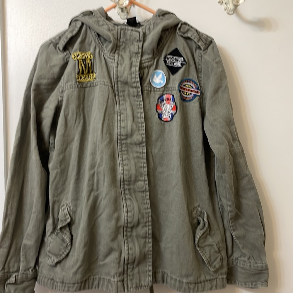 Vintage Hot Topic Olive Green Military Utility Jacket Coat Patches Large